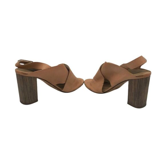 Vince Crisscross Strap Leather and Wood Heeled Sandals 9 Neutral Peep Toe Chunk - Picture 4 of 9